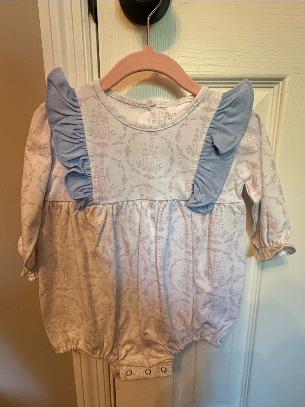 Baby Blue Ruffled Romper with Castle Print